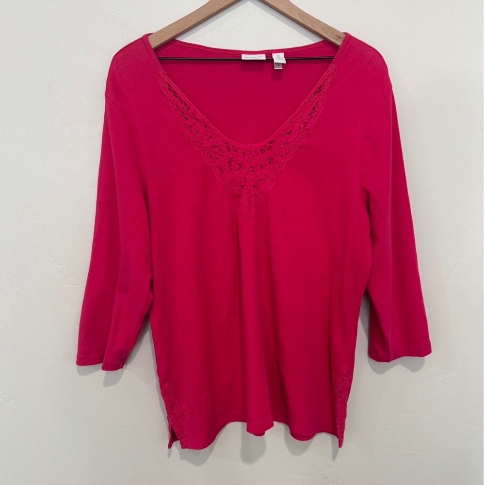 Chico's Hot Pink Crochet Lace Trim V-Neck 3/4 Sleeve Top Flowy Cotton XL Size 3